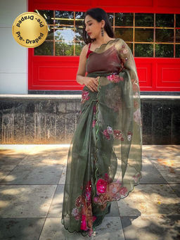 EXCLUSIVA - Green Printed Hand Work Sequined Saree with Unstitched Blouse