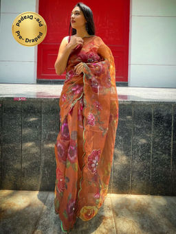 EXCLUSIVA - Mustard Printed Hand Work Saree with Unstitched Blouse