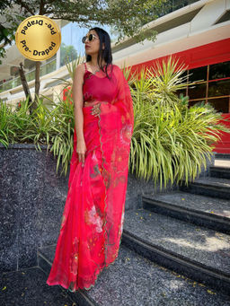 EXCLUSIVA - Red Printed Hand Work Saree with Unstitched Blouse