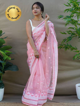 EXCLUSIVA - Peach Embroidered Saree with Unstitched Blouse