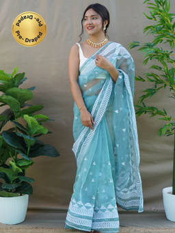 EXCLUSIVA - Blue Embroidered Saree with Unstitched Blouse