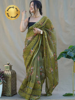 EXCLUSIVA - Green Embroidered Saree with Unstitched Blouse