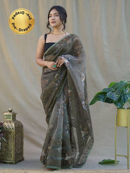 EXCLUSIVA - Green Embroidered Saree with Unstitched Blouse