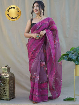 EXCLUSIVA - Magenta Embroidered Saree with Unstitched Blouse