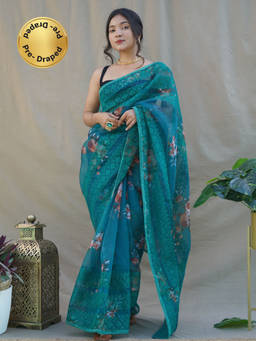 EXCLUSIVA - Teal Blue Embroidered Saree with Unstitched Blouse