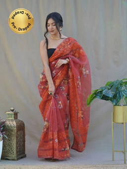 EXCLUSIVA - Orange Embroidered Saree with Unstitched Blouse