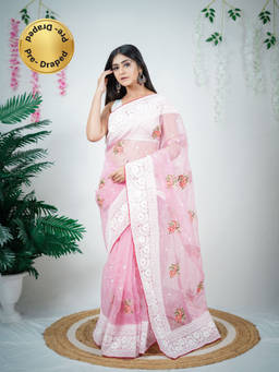 EXCLUSIVA - Pink Embroidered Saree with Unstitched Blouse