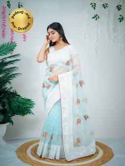 EXCLUSIVA - Blue Embroidered Saree with Unstitched Blouse