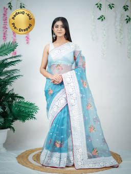 EXCLUSIVA - Teal Blue Embroidered Saree with Unstitched Blouse