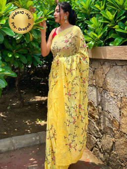 EXCLUSIVA - Yellow Embroidered Cut Work Saree with Unstitched Blouse