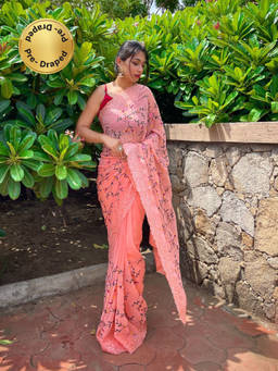 EXCLUSIVA - Peach Embroidered Cut Work Saree with Unstitched Blouse