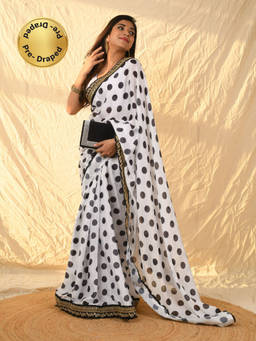 EXCLUSIVA - White Polka Dot Saree with Unstitched Blouse