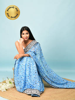 EXCLUSIVA - Blue Dot Print Lace Border Saree with Unstitched Blouse