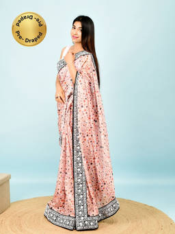 EXCLUSIVA - Peach Dot Print Lace Border Saree with Unstitched Blouse