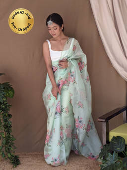 EXCLUSIVA - Green Khatli Cut Work Saree with Unstitched Blouse