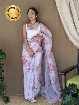 EXCLUSIVA - Lavender Khatli Cut Work Saree with Unstitched Blouse
