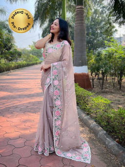 EXCLUSIVA - Brown Embroidered Saree with Unstitched Blouse