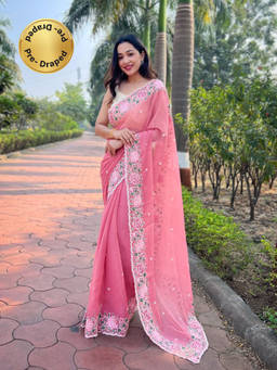 EXCLUSIVA - Peach Embroidered Saree with Unstitched Blouse