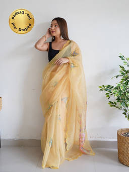EXCLUSIVA - Yellow Embroidered Cut Work Saree with Unstitched Blouse