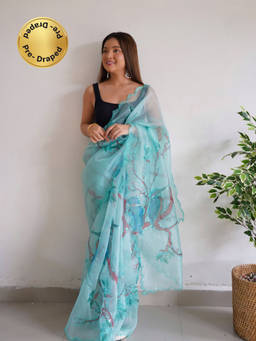 EXCLUSIVA - Blue Embroidered Cut Work Saree with Unstitched Blouse