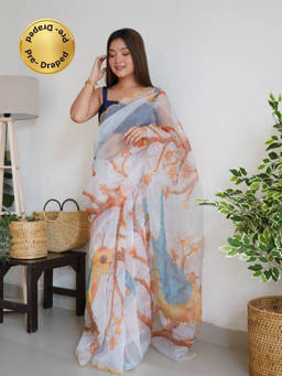 EXCLUSIVA - White Embroidered Cut Work Saree with Unstitched Blouse