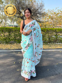 EXCLUSIVA - Blue Embroidered Saree with Unstitched Blouse
