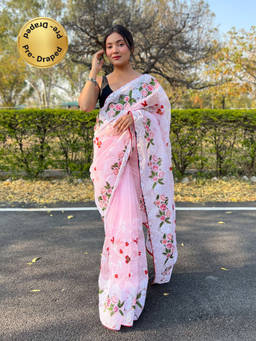EXCLUSIVA - Pink Embroidered Saree with Unstitched Blouse