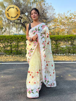 EXCLUSIVA - Yellow Embroidered Saree with Unstitched Blouse