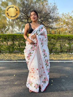 EXCLUSIVA - White Embroidered Saree with Unstitched Blouse