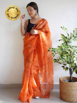 EXCLUSIVA - Orange Khatli Cut Work Saree with Unstitched Blouse