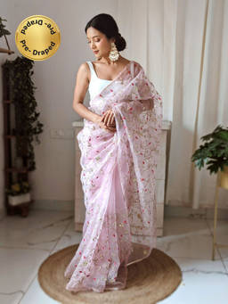 EXCLUSIVA - Pink Gota Embroidered Saree with Unstitched Blouse