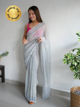 EXCLUSIVA - Grey Mirror Work Saree with Unstitched Blouse