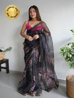 EXCLUSIVA - Black Printed Hand Work Sequined Saree with Unstitched Blouse