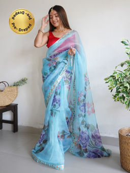 EXCLUSIVA - Blue Printed Hand Work Sequined Saree with Unstitched Blouse