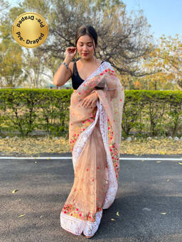 EXCLUSIVA - Brown Embroidered Piping Border Saree with Unstitched Blouse