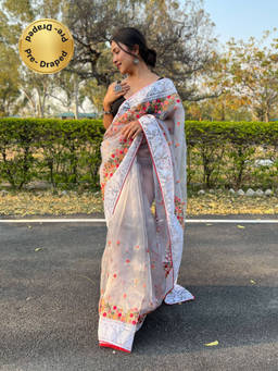 EXCLUSIVA - Grey Embroidered Piping Border Saree with Unstitched Blouse