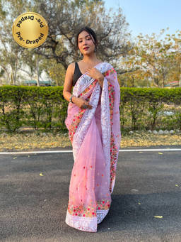 EXCLUSIVA - Pink Embroidered Piping Border Saree with Unstitched Blouse