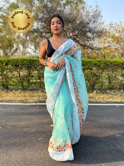 EXCLUSIVA - Blue Embroidered Piping Border Saree with Unstitched Blouse