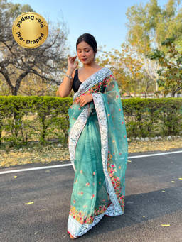 EXCLUSIVA - Teal Blue Embroidered Piping Border Saree with Unstitched Blouse