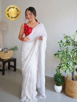 EXCLUSIVA - White Embroidered Sequined Saree with Unstitched Blouse