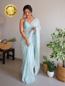 EXCLUSIVA - Blue Embroidered Sequined Saree with Unstitched Blouse