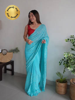 EXCLUSIVA - Blue Embroidered Sequined Saree with Unstitched Blouse
