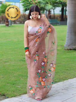 EXCLUSIVA - Brown Hand Print Foil Work Saree with Unstitched Blouse