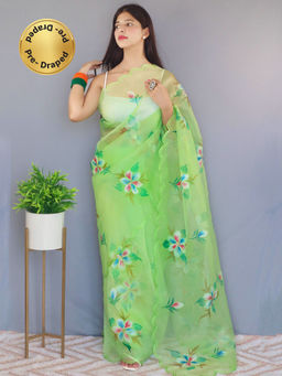 EXCLUSIVA - Green Hand Print Foil Work Saree with Unstitched Blouse