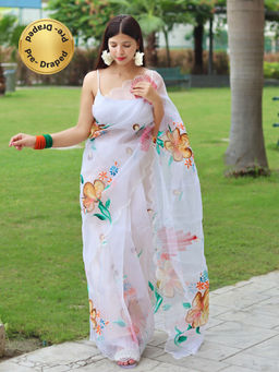 EXCLUSIVA - White Hand Print Foil Work Saree with Unstitched Blouse