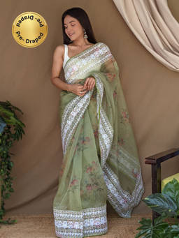 EXCLUSIVA - Green Print Embroidered Saree with Unstitched Blouse