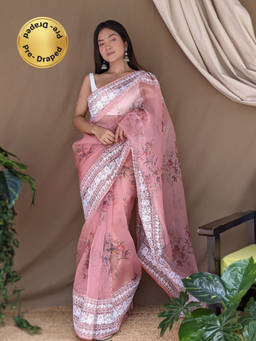 EXCLUSIVA - Peach Print Embroidered Saree with Unstitched Blouse
