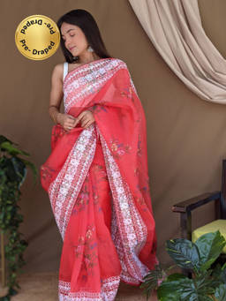 EXCLUSIVA - Red Print Embroidered Saree with Unstitched Blouse