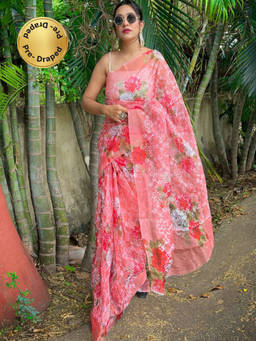 EXCLUSIVA - Pink Print Embroidered Saree with Unstitched Blouse