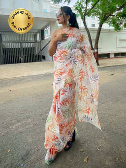 EXCLUSIVA - White Print Embroidered Saree with Unstitched Blouse